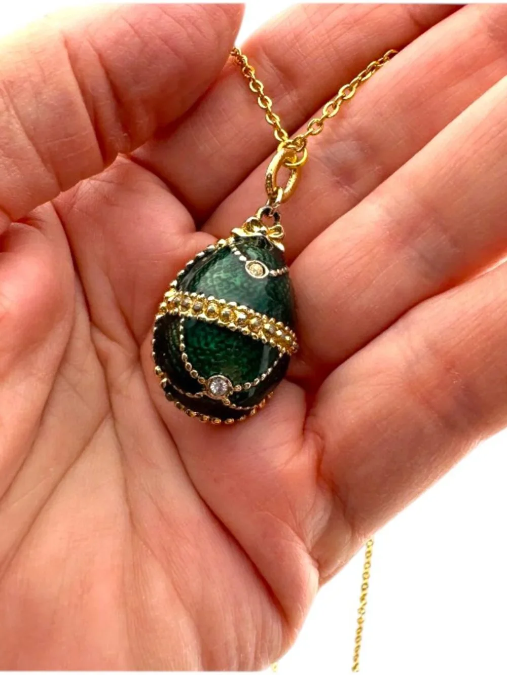 Faberge Egg Necklace Emerald Green Pendant Gold Tone Stainless Steel 18